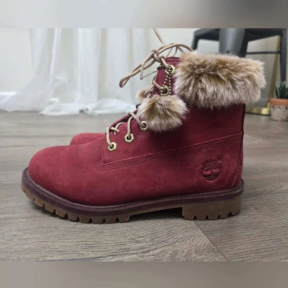 Timberland Faux Fur Girls Size 5 Burgandy Wine Winter Boots Primaloft 200 Gram